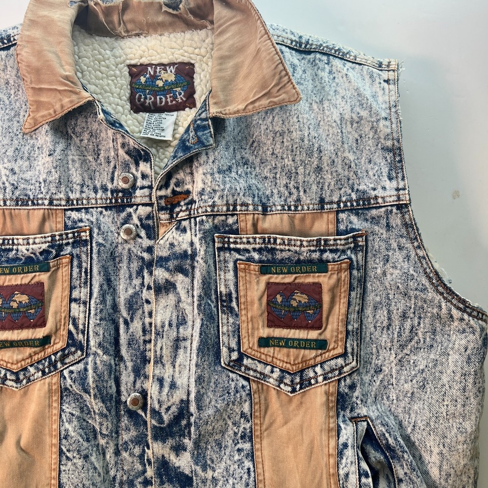 Vtg New Order Men's Denim‎ Vest Sz XL Large Stone Wash Sherpa Line Distressed